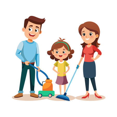 Happy family cleaning together with vacuum cleaner and mop on white background cheerfullyのイラスト素材