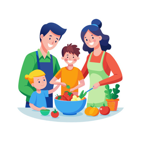 Happy family cooking fresh vegetables together, preparing a healthy meal in the kitchen, vector illustrationのイラスト素材