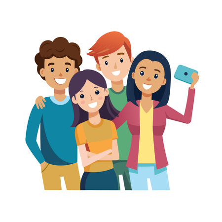 Diverse group of young people smiling and posing for a flat vector style selfieのイラスト素材