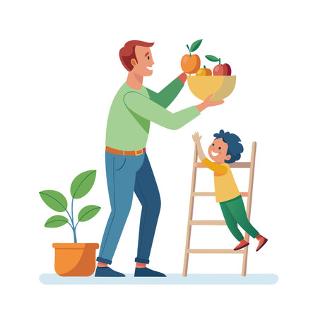 Father and son picking apples together: family bonding with fresh harvest in autumnのイラスト素材