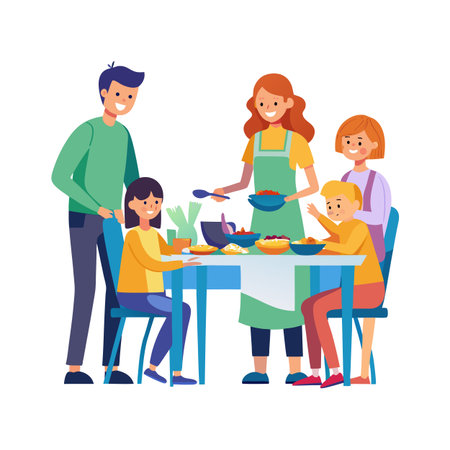 Happy family sharing a meal together at the table in colorful cartoon styleのイラスト素材