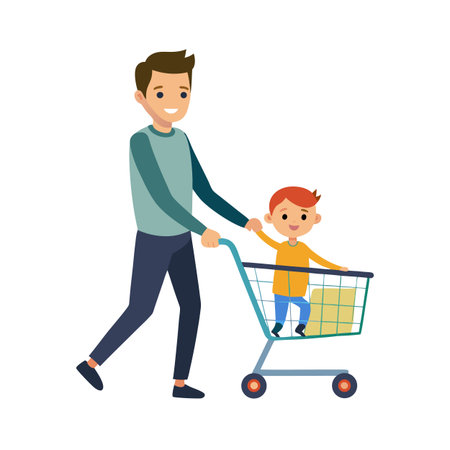 Father and son shopping illustration: supermarket visit, family bonding, shopping trip scene, flat styleのイラスト素材