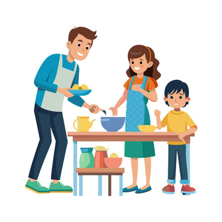 Family joyfully baking together at home with father adding ingredients in a bowlのイラスト素材