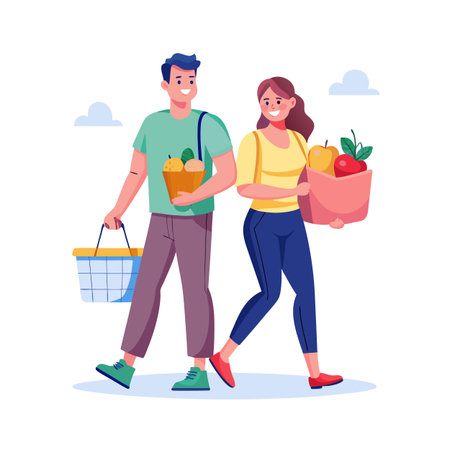 Couple Walking with Groceries Bags and Shopping Basket in Modern Flat Illustrationのイラスト素材