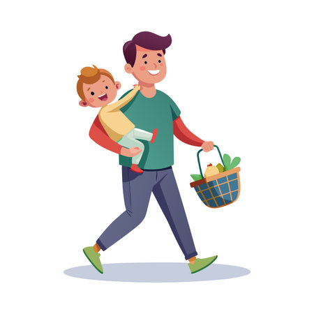Illustration of a father carrying his child while holding a basket of groceries with loveのイラスト素材