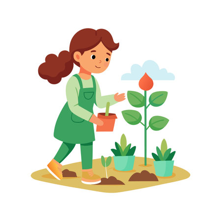 Illustration of a young girl planting seeds, embodying growth and nurturing in flat style artのイラスト素材