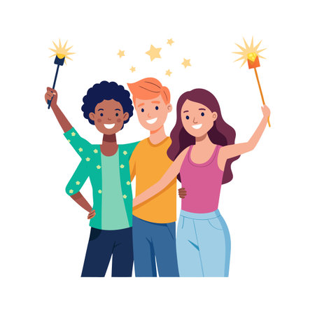 Group of friends celebrating with sparklers, flat vector illustration on a white backgroundのイラスト素材