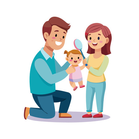 Father holding doll with mother using spoon as microphone in flat illustrationのイラスト素材