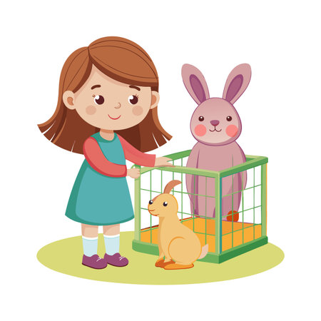 Girl Looking at Rabbits in a Cage, Child Pet Ownership Concept Depictedのイラスト素材