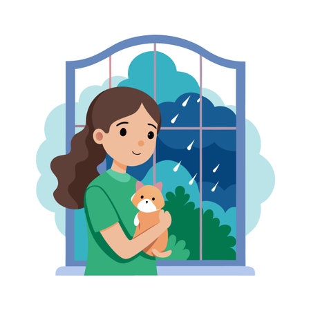 Illustration of a girl holding a cat looking out a window at rainのイラスト素材