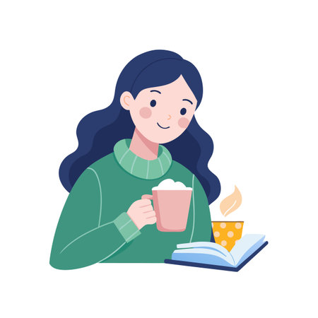 Cozy winter scene of a woman enjoying a hot drink while reading a bookのイラスト素材