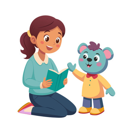A woman reads a book to a friendly bear in a charming illustration styleのイラスト素材