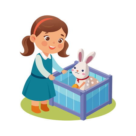 A young girl interacts with her plush rabbit toy inside a blue playpen structureのイラスト素材