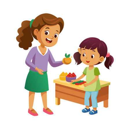 Mom and Daughter Play with Toy Food at Play Table, Smiling Faceのイラスト素材