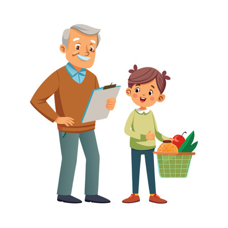 Friendly grandpa checking fruit basket with granddaughter cartoon style isolated on white backgroundのイラスト素材