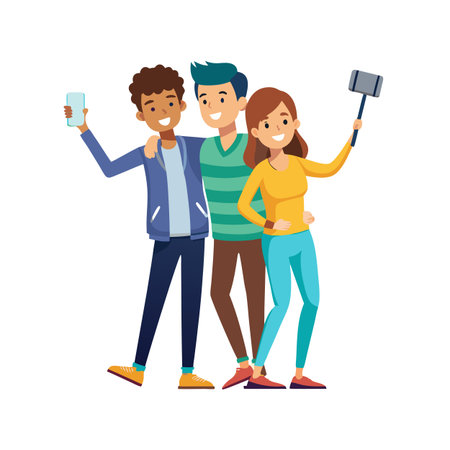 Three happy young friends taking a selfie with mobile phones and selfie stickのイラスト素材