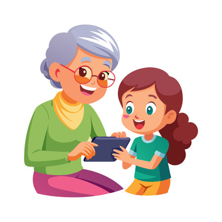 Grandmother and Granddaughter Bonding Through Technology: A Digital Age Family Connection Imageのイラスト素材