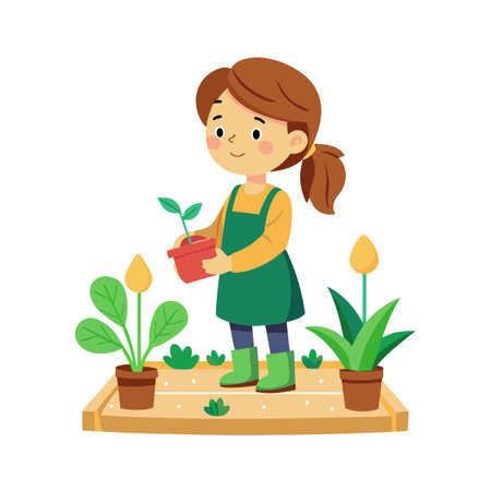 Illustration of a young girl gardening with plants in a raised garden bedのイラスト素材