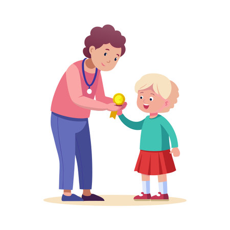 Adult Giving a Gold Medal to a Young Girl on a White Backgroundのイラスト素材