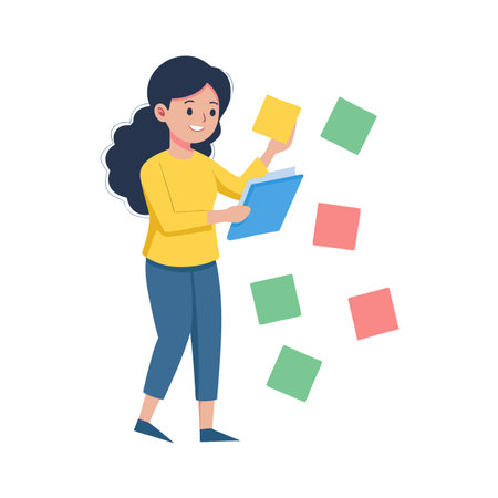 Woman with Folder and Colorful Square Papers Illustration for Project Management or Business Solutionsのイラスト素材