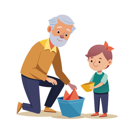 Grandfather and granddaughter enjoying arts and crafts project together with a bright bowl and geometric shapesのイラスト素材