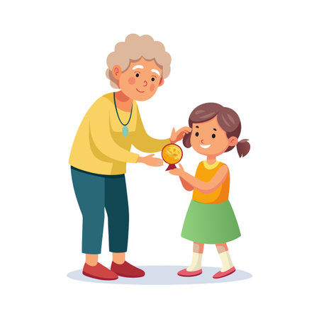 Grandmother awarding a gold medal to her granddaughter in a cute cartoon style illustrationのイラスト素材