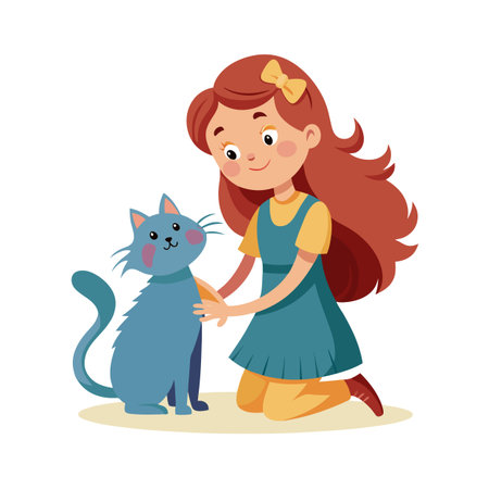 A young girl gently pets a blue cartoon cat in a warm, affectionate illustrationのイラスト素材