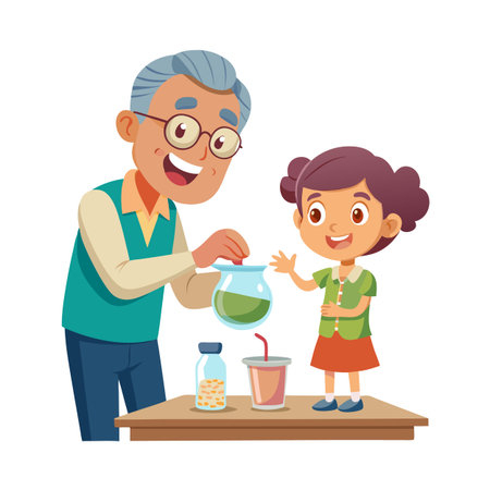 Grandfather making smoothie with his granddaughter, a heart-warming family moment captured in vibrant colorsのイラスト素材