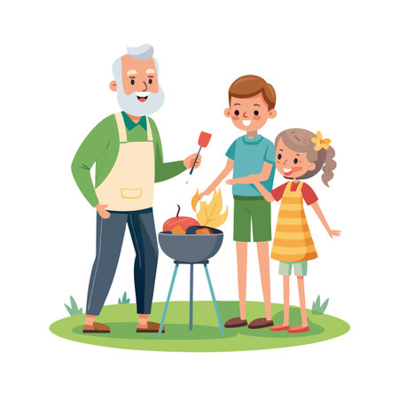 Grandfather grilling with his grandchildren on a summer day barbeque gathering eventのイラスト素材