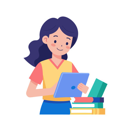 Young woman using tablet with stack of books illustration, modern education conceptのイラスト素材