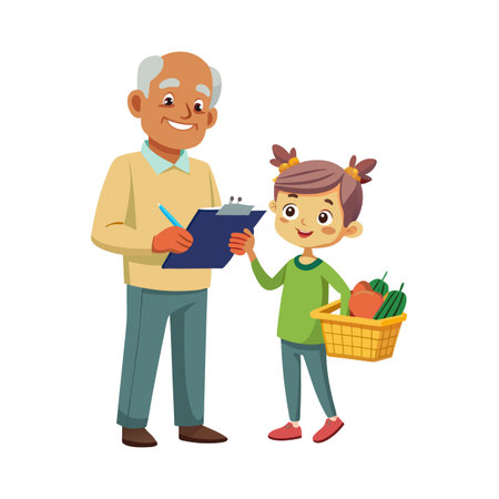 Cartoon illustration of a grandfather and a granddaughter with a basket full of vegetablesのイラスト素材