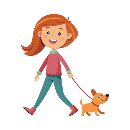 Cartoon girl walks her playful dog on a leash outdoor in joyful activityのイラスト素材