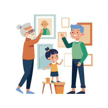 Family gallery wall: three generations hang pictures, celebrate memories together with joy and loveのイラスト素材
