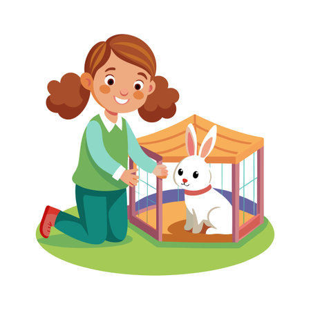 Girl with rabbit in a cage cartoon illustration with soft palette and vector elementsのイラスト素材