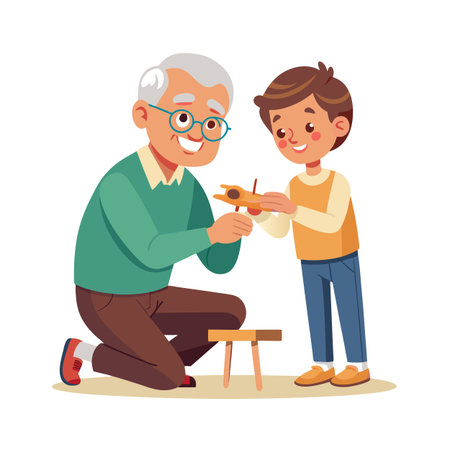 Grandfather and grandson building a model airplane together in a heartwarming family sceneのイラスト素材