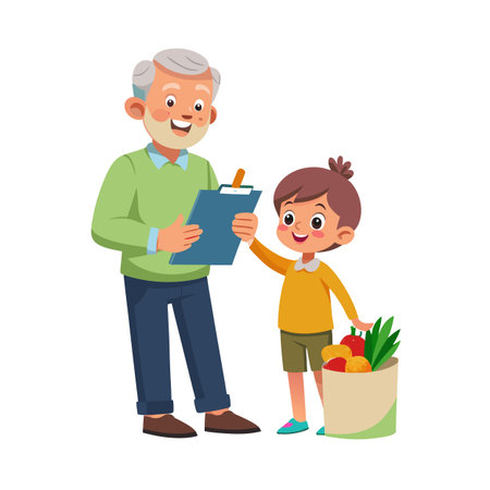 Grandfather checking a grocery list with his grandson by a paper bag filled with groceriesのイラスト素材