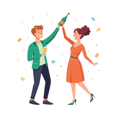 Couple toasting with champagne bottle in celebration, confetti falling during festive eventのイラスト素材