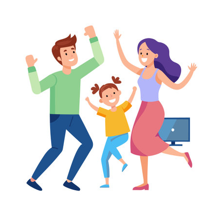 Excited family celebrating together at home with arms raised in the air near TVのイラスト素材