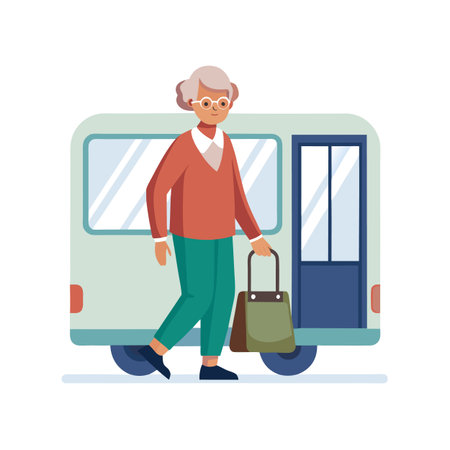 Senior woman exiting retro bus, carrying tote bag, depicting modern transportationのイラスト素材