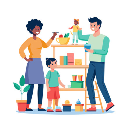 Happy family organizing toys on a shelf, teaching a child about tidiness and orderのイラスト素材