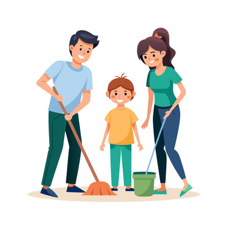 Happy family cleaning home together, father sweeping the floor, mother mopping, child watchingのイラスト素材