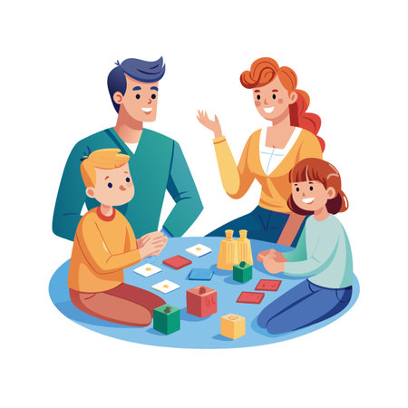 Family playing board game at a round table with cards and colored blocksのイラスト素材