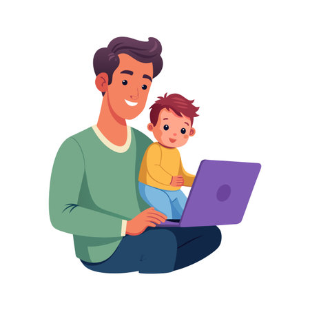 Father working from home with toddler using a laptop on his lap togetherのイラスト素材