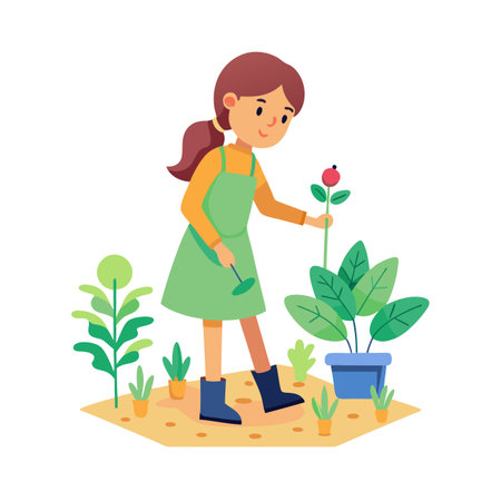 Girl Planting a Flower in a Garden Surrounded by Lush Green Plants and Potted Seedlingsのイラスト素材
