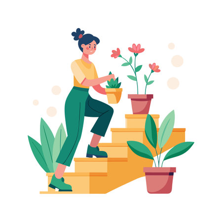 A woman carrying potted plant up stairs surrounded by flowers and greenery illustrationのイラスト素材