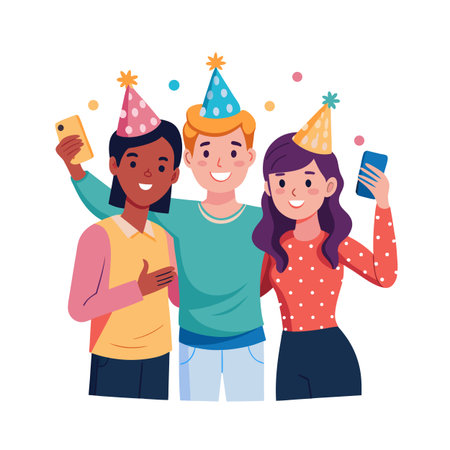 Friends celebrating with party hats taking a selfie on their mobile phonesのイラスト素材