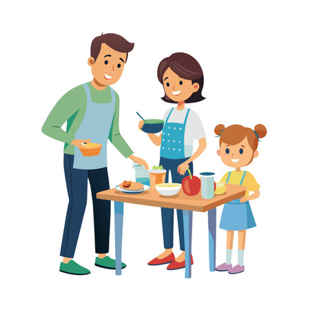 Cartoon style image of a family preparing food together at a tableのイラスト素材