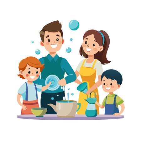 Happy family washing dishes together in the kitchen with smiles and togetherness depictedのイラスト素材