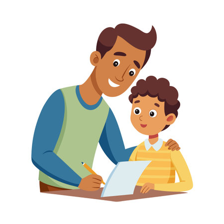Father helping son with homework, writing on paper together at desk in cartoon styleのイラスト素材