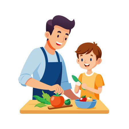 Father and son preparing vegetables together in a kitchen, flat design style illustrationのイラスト素材